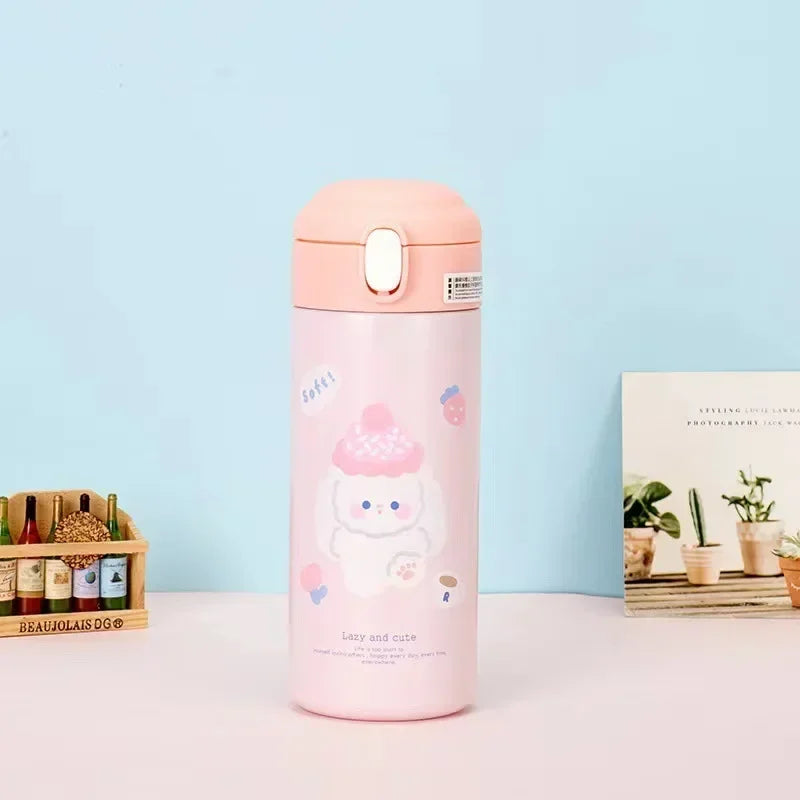 380ml Cute Cartoon Vacuum Flask - 304 Stainless Steel Insulated Water Bottle with Straw