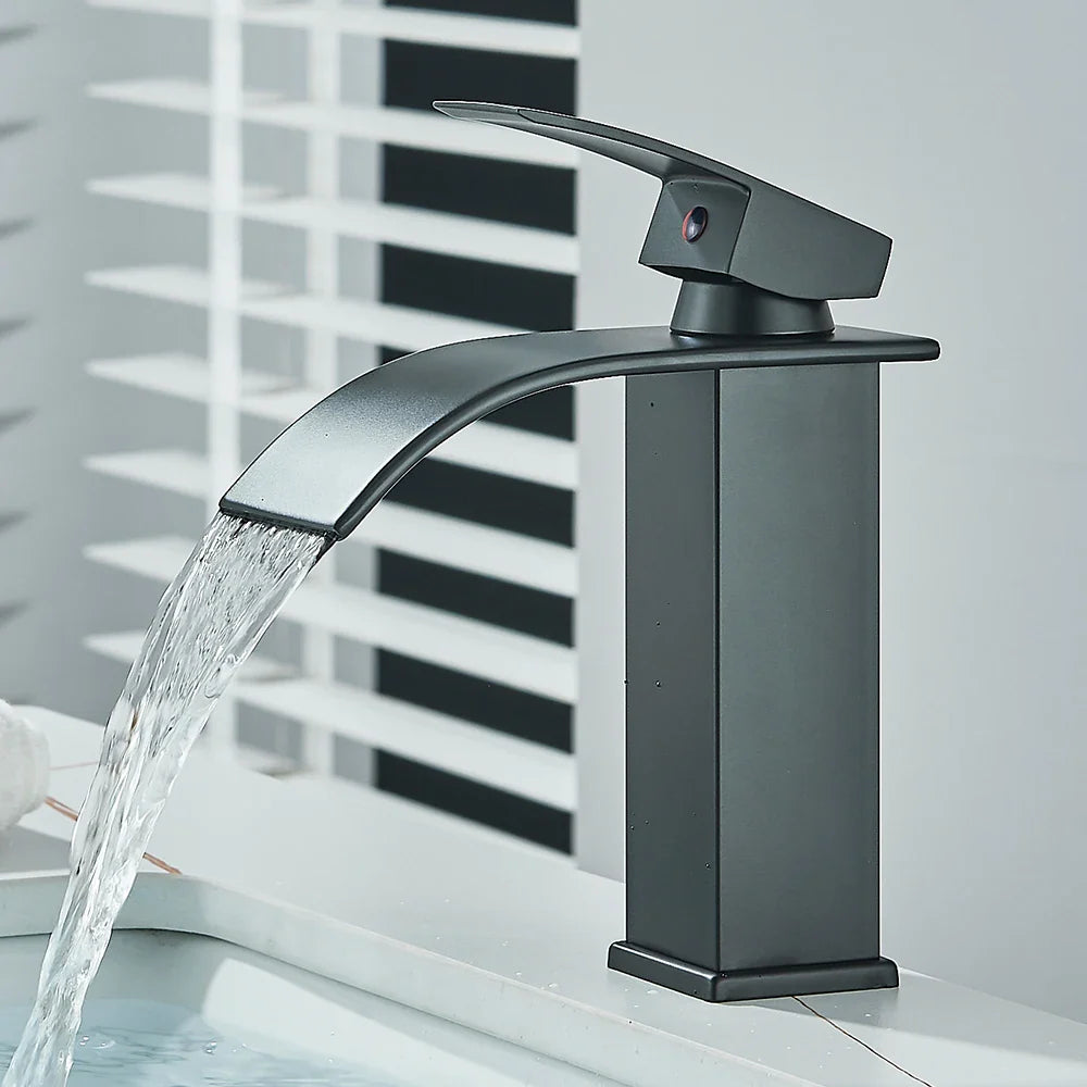 Matte Black Waterfall Basin Faucet - Single-Handle Mixer Tap for Bathroom Sink (Deck-Mounted, Hot & Cold)