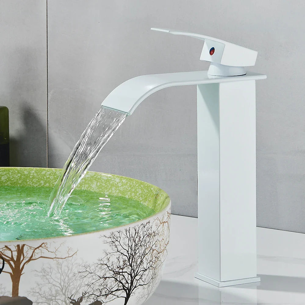 Matte Black Waterfall Basin Faucet - Single-Handle Mixer Tap for Bathroom Sink (Deck-Mounted, Hot & Cold)