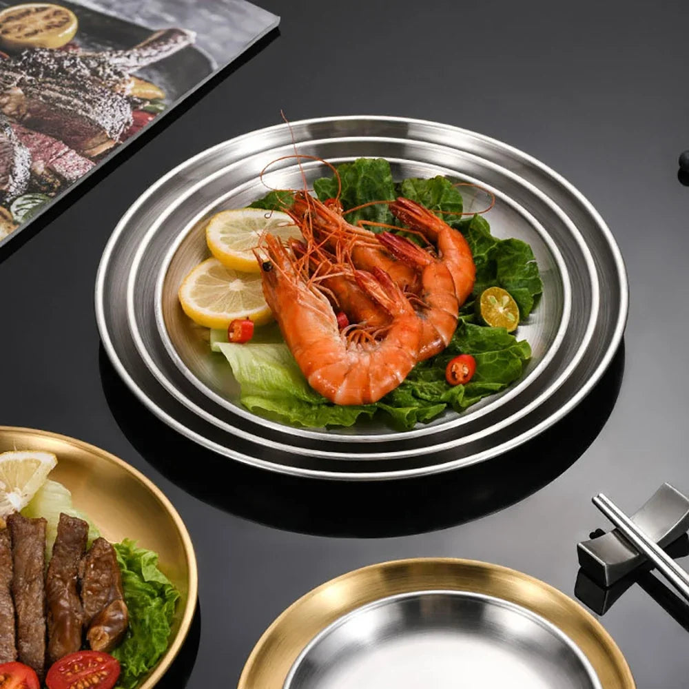 3-Piece Stainless Steel Round Shallow Plates Set – Rust-Resistant Camping, BBQ & Picnic Dishes (14–30 cm / 5.5–11.8 in)