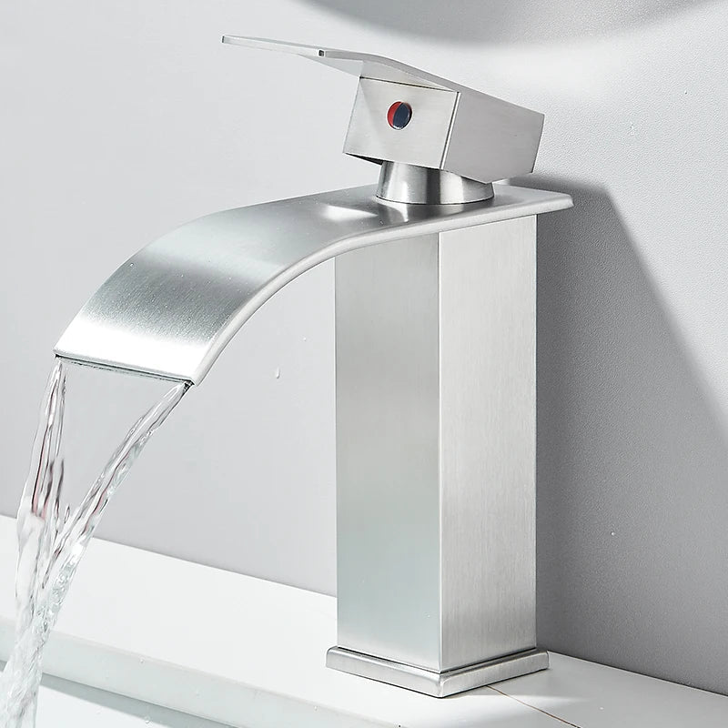 Matte Black Waterfall Basin Faucet - Single-Handle Mixer Tap for Bathroom Sink (Deck-Mounted, Hot & Cold)