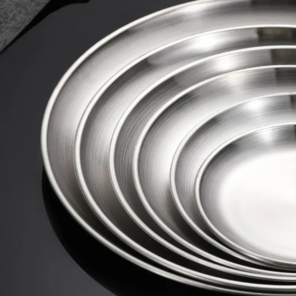 3-Piece Stainless Steel Round Shallow Plates Set – Rust-Resistant Camping, BBQ & Picnic Dishes (14–30 cm / 5.5–11.8 in)