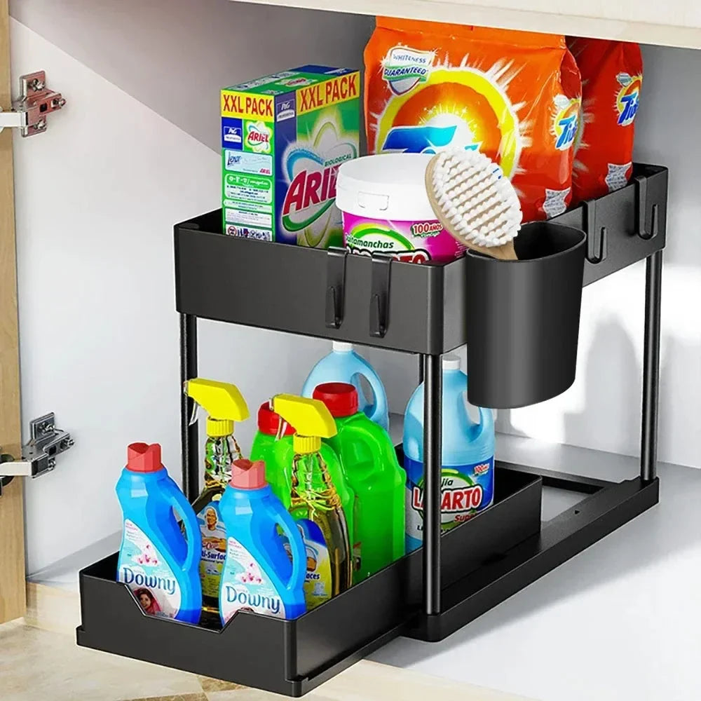 2-Tier Under-Sink Sliding Cabinet Organizer with Hooks and Hanging Cup - Bathroom & Kitchen Storage Rack
