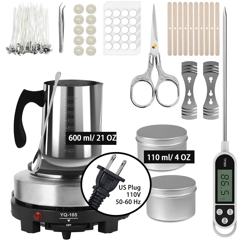 DIY Candle Making Kit with 500W Electric Hot Plate, 900ml/600ml Stainless Steel Melting Pot, Thermometer & Candle Tins