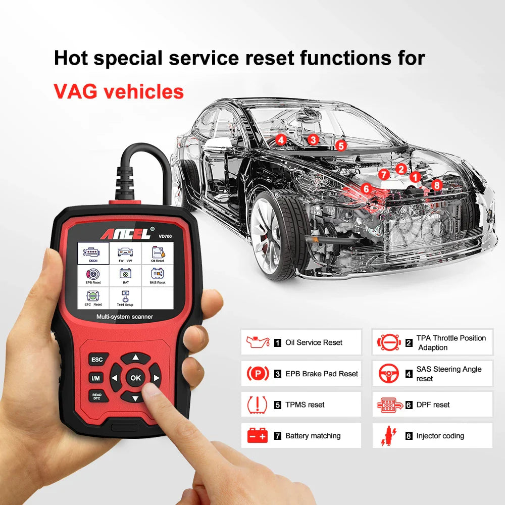 Professional OBD2 Scanner for VW Audi Seat Skoda — Full-System Code Reader with Oil, EPB, SAS & TPMS Reset