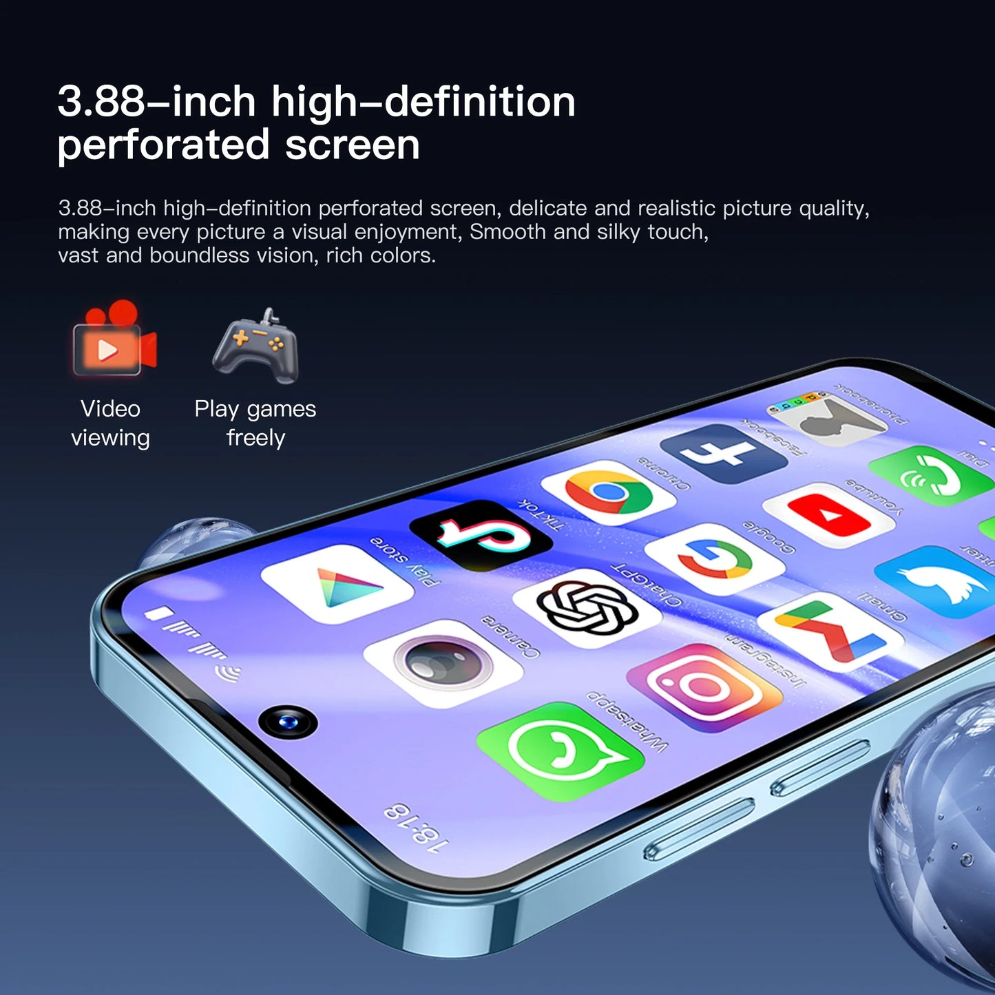 Mini Android Smartphone 3.88 in (9.86 cm) HD Display, 4G LTE Unlocked, 4GB/128GB or 2GB/16GB, 2000mAh Battery