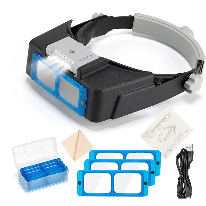 USB Rechargeable Headband Magnifier with 4 Interchangeable Lenses (1.5x, 2x, 2.5x, 3.5x) LED Lighted Loupe for Watch Repair Jewelry Soldering