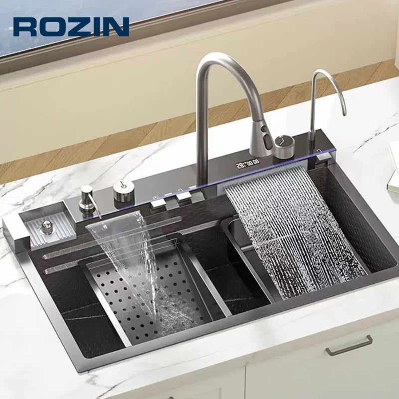 304 Stainless Steel Kitchen Sink with Digital Display Waterfall Faucet - Multifunctional Single Bowl 75 x 45 cm (29.5 x 17.7 in)