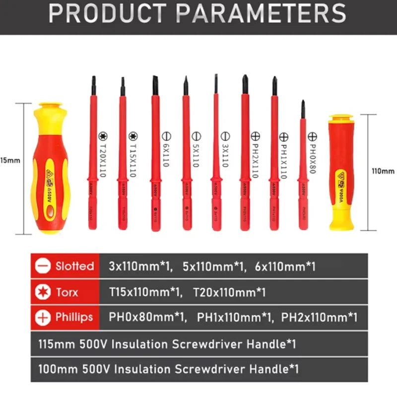 10-Piece VDE Insulated Screwdriver Set (500V) — Interchangeable Blades, Magnetic Tips & Case for Electricians and Home Use
