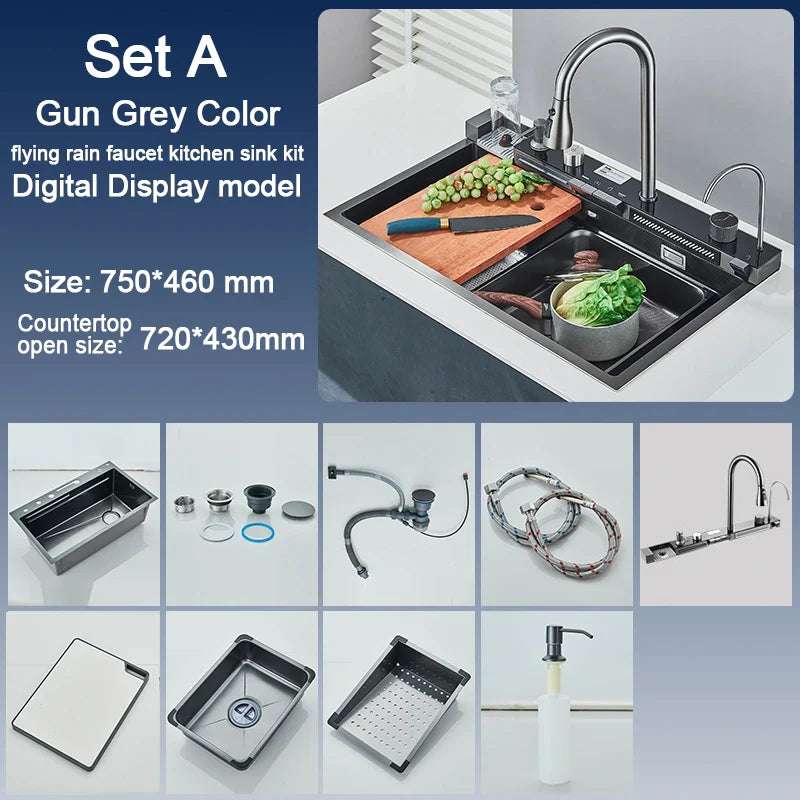 304 Stainless Steel Kitchen Sink with Digital Display Waterfall Faucet - Multifunctional Single Bowl 75 x 45 cm (29.5 x 17.7 in)