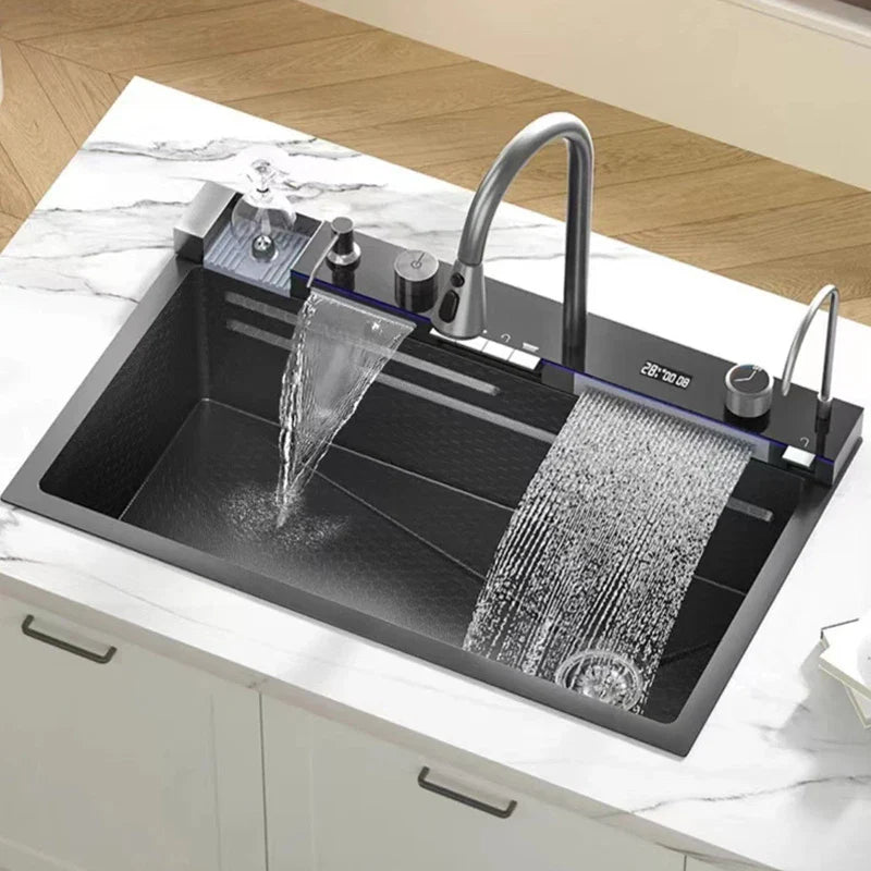 304 Stainless Steel Kitchen Sink with Digital Display Waterfall Faucet - Multifunctional Single Bowl 75 x 45 cm (29.5 x 17.7 in)