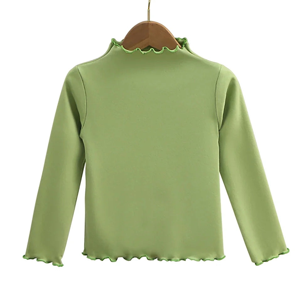 Girls Turtleneck Long Sleeve Lettuce-Edge Knit Tee – Solid Color Autumn Winter Top