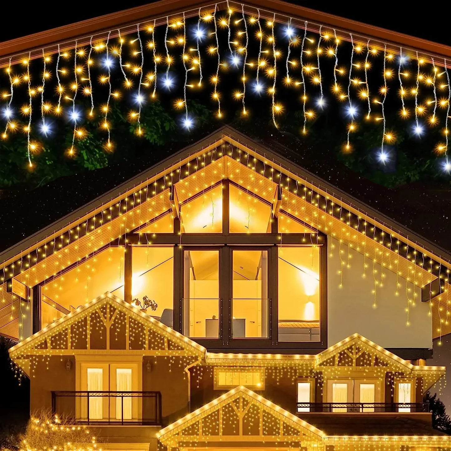 Icicle Curtain LED Fairy Lights Warm White with White Strobe Clear Wire Outdoor Christmas & Holiday Decor