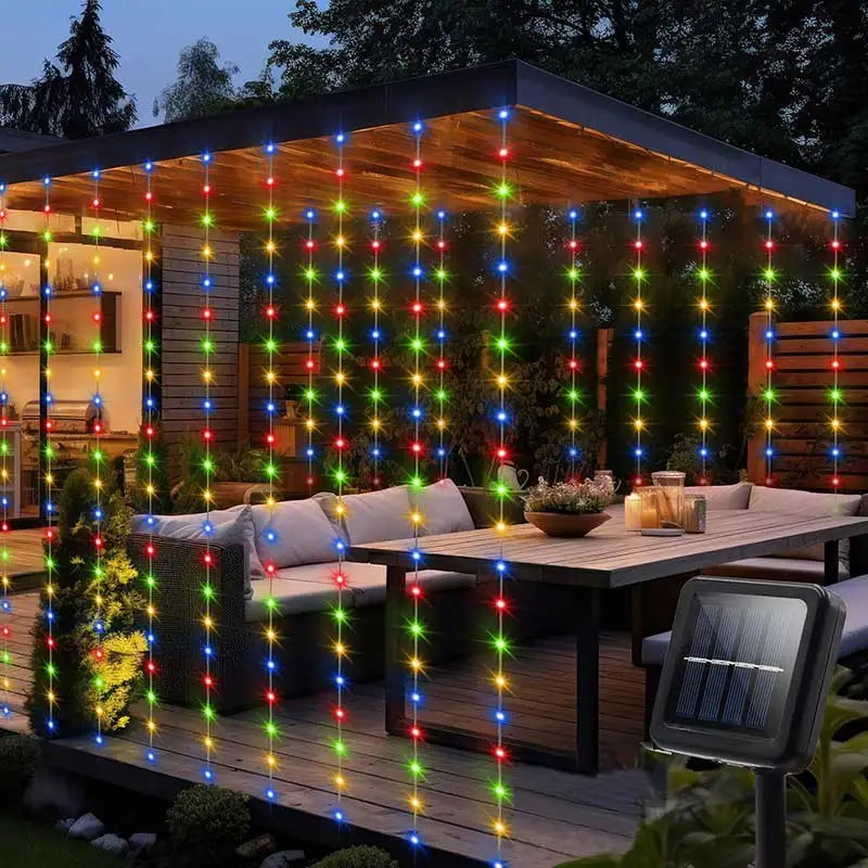 Solar-Powered Outdoor Waterproof Curtain String Lights - 300 LED Fairy Garland 9.8 x 9.8 ft (3 x 3 m) Warm White