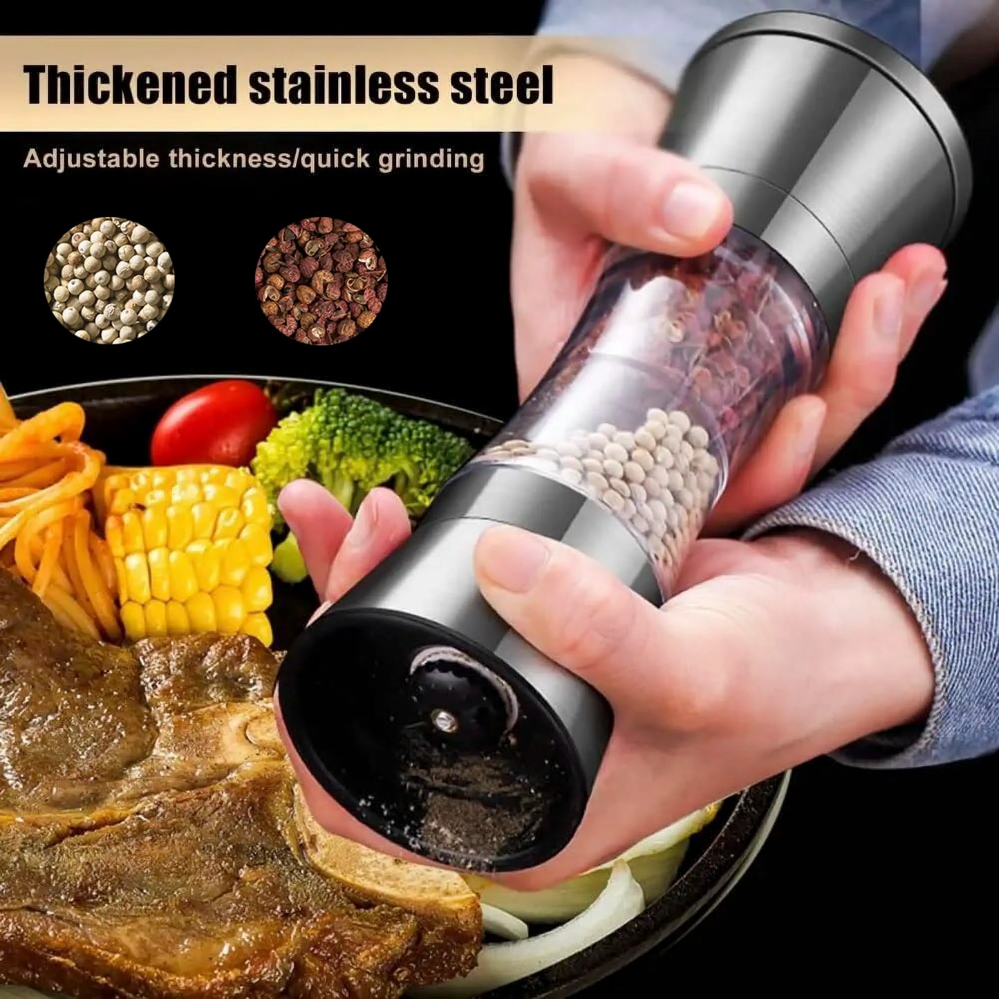 2-in-1 Salt & Pepper Grinder - 304 Stainless Steel Manual Mill with Dual Chambers & Adjustable Coarseness