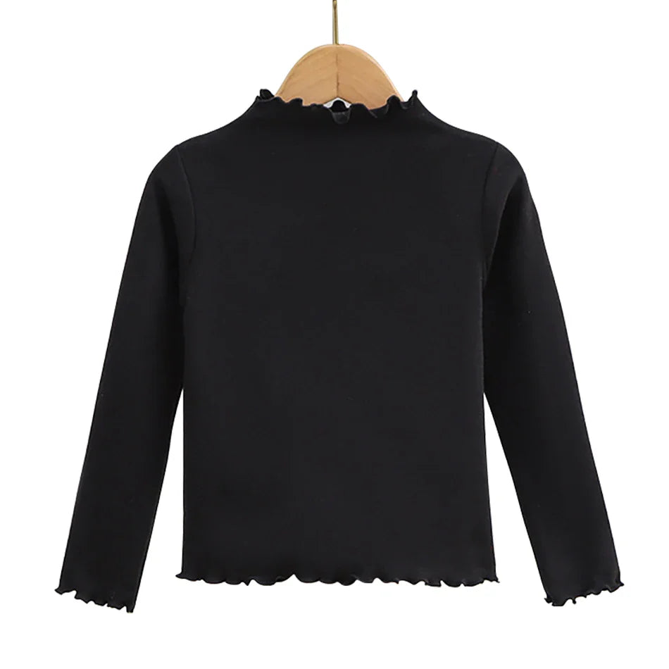 Girls Turtleneck Long Sleeve Lettuce-Edge Knit Tee – Solid Color Autumn Winter Top