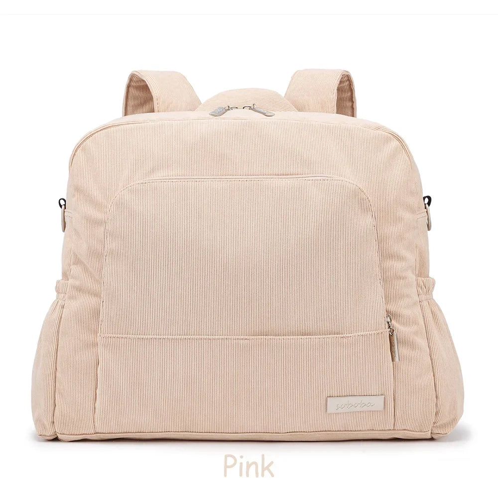 Large Corduroy Diaper Backpack for Mom – Spacious Baby Changing Bag with Multiple Pockets