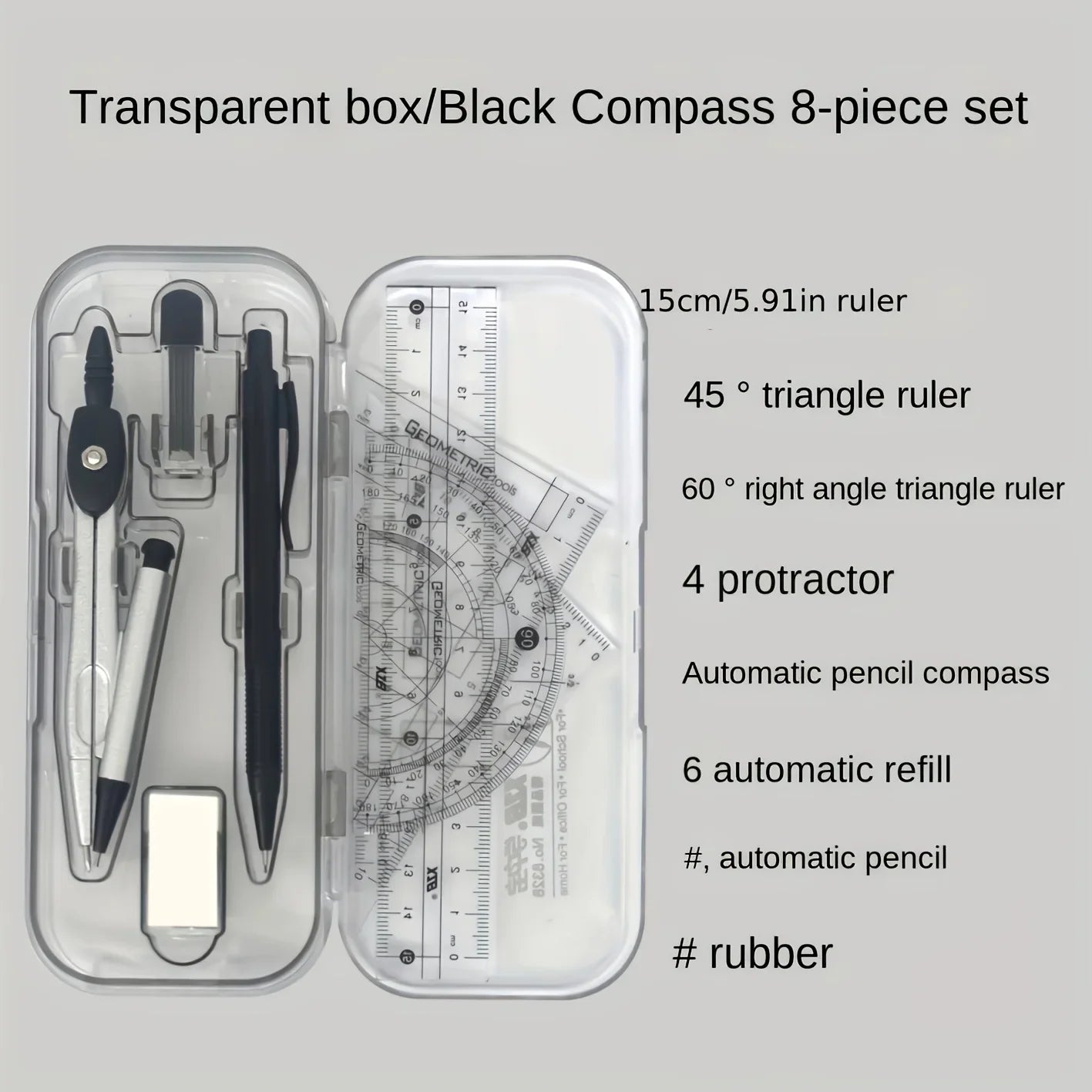 8-Piece Geometry Drawing Set for School — Compass, Mechanical Pencil, Protractor, Ruler & Tripod with Storage Case