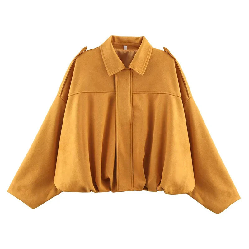 Women's Vintage Bomber Jacket Turn-Down Collar Long Sleeve Loose Fit Outerwear