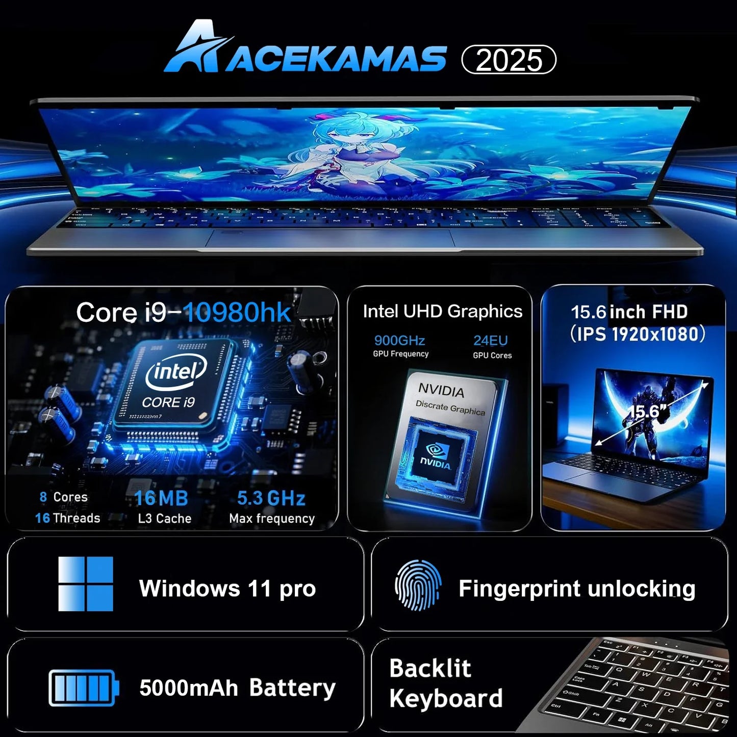 15.6-inch (39.6 cm) Gaming Laptop Intel Core i9 Windows 11 Pro 16GB DDR4 1TB SSD IPS FHD 1920x1080 Fingerprint Backlit Keyboard