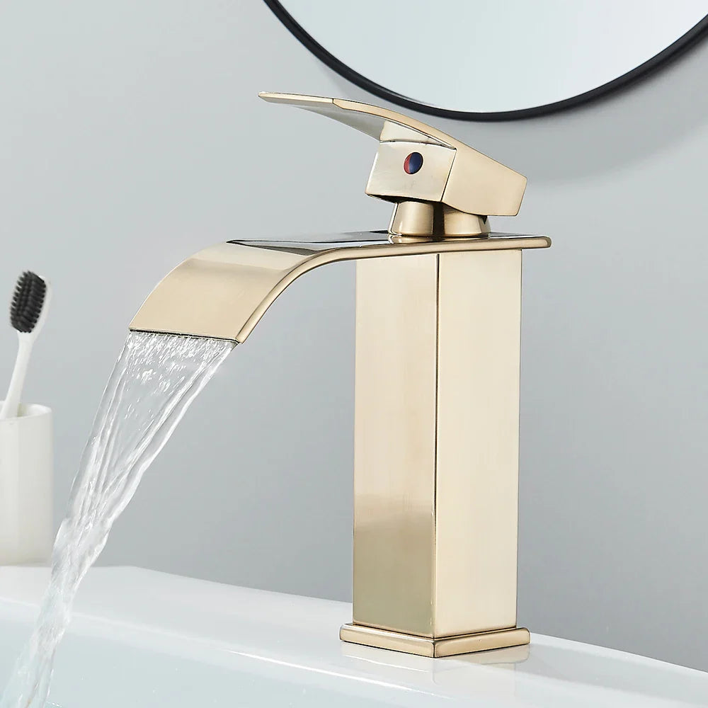 Matte Black Waterfall Basin Faucet - Single-Handle Mixer Tap for Bathroom Sink (Deck-Mounted, Hot & Cold)