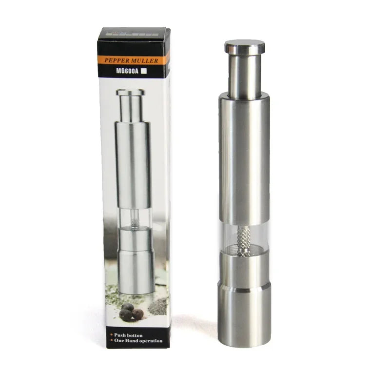 Stainless Steel Thumb-Push Spice Grinder | Manual Pepper & Salt Mill with Ceramic Burr