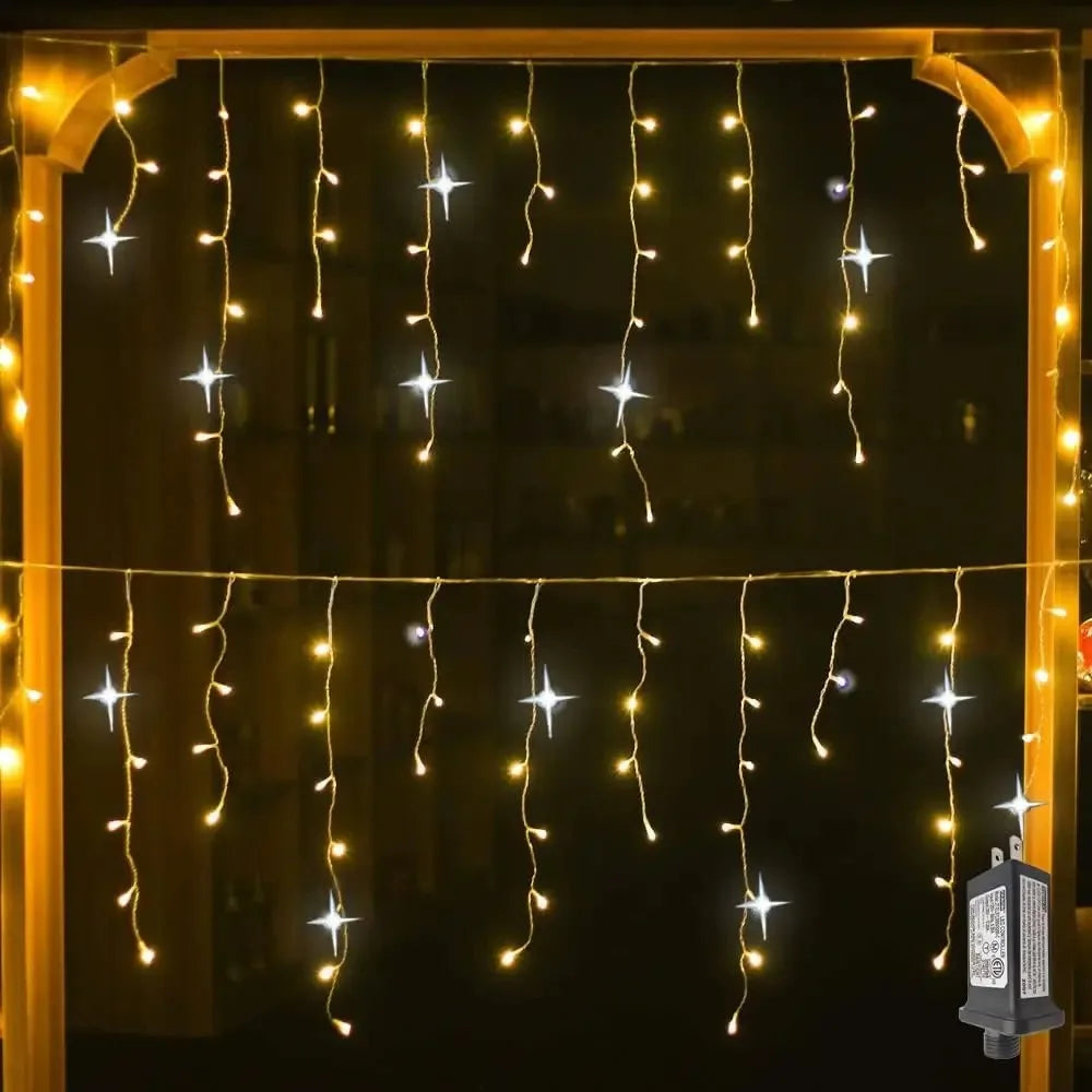 Icicle Curtain LED Fairy Lights Warm White with White Strobe Clear Wire Outdoor Christmas & Holiday Decor