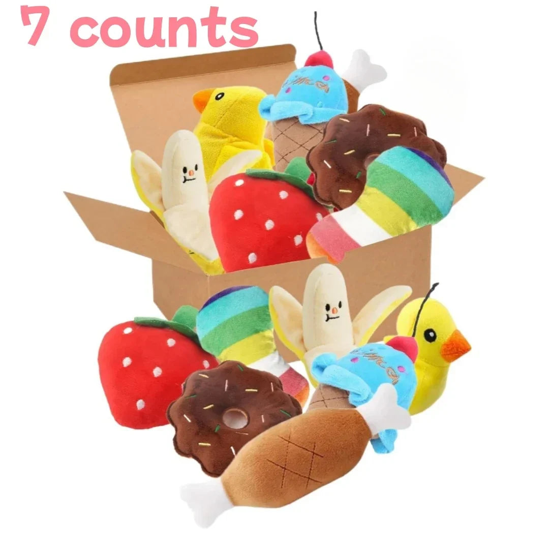 7-Piece Plush Puppy Squeaky Toy Set – Fruit & Vegetable Chew Toys for Dogs