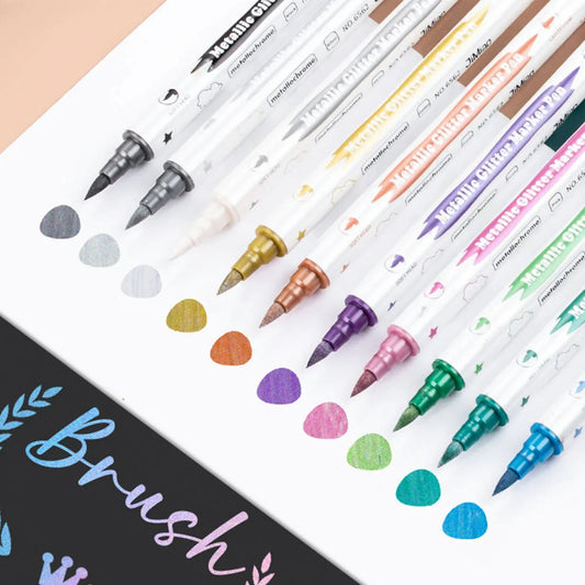 10-Pack Dual Tip Metallic Paint Markers – Brush & Fine Tip for DIY Cards, Scrapbooking & School Crafts