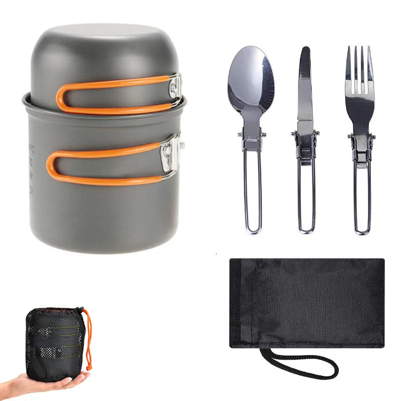 Portable 1-2 Person Aluminum Camping Cookware Set – Foldable Pot, Lid & Utensils