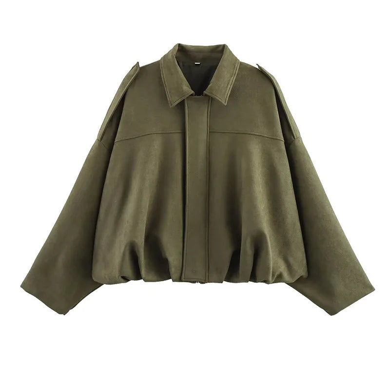 Women's Vintage Bomber Jacket Turn-Down Collar Long Sleeve Loose Fit Outerwear