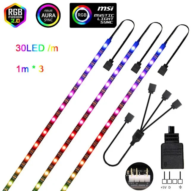 Addressable WS2812b 5V ARGB LED Strip – 3-Pin RGBIC PC Case Light (30/60 LEDs per m, IP30/IP65)