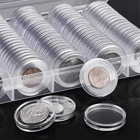 100-Pack Clear Round Coin Capsules with Storage Case, Coin Protection for Collectors and Gifts