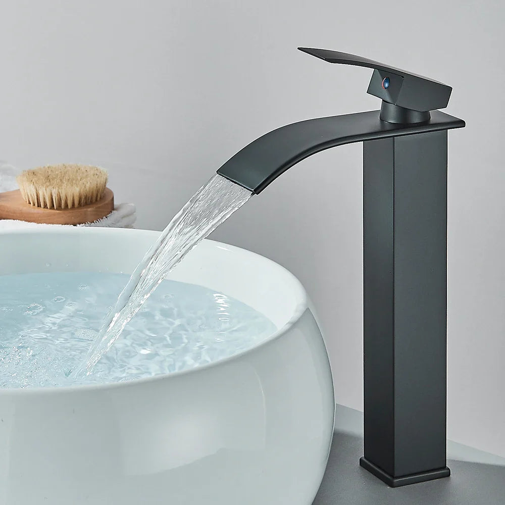 Matte Black Waterfall Basin Faucet - Single-Handle Mixer Tap for Bathroom Sink (Deck-Mounted, Hot & Cold)
