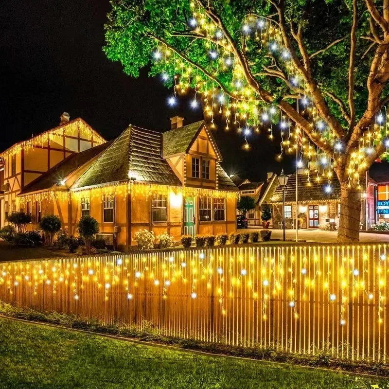 Icicle Curtain LED Fairy Lights Warm White with White Strobe Clear Wire Outdoor Christmas & Holiday Decor