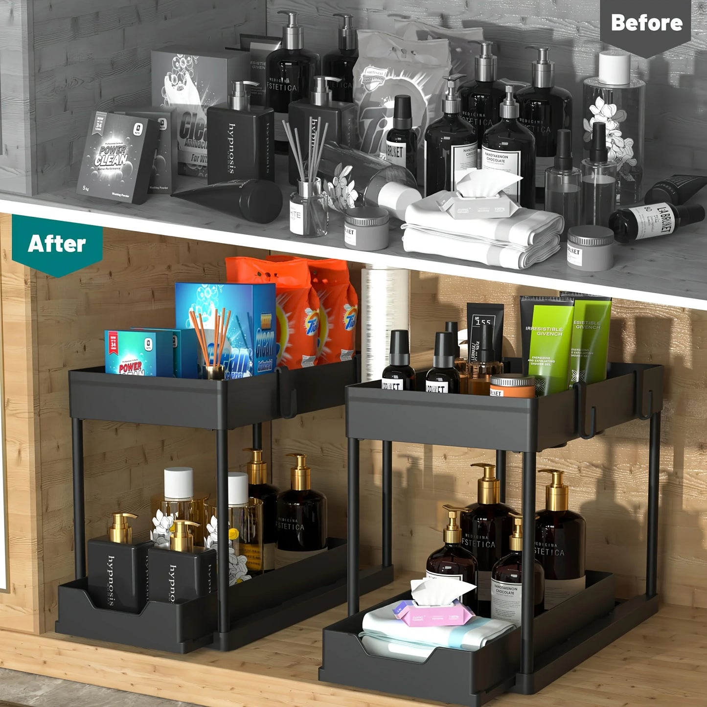 2-Tier Under-Sink Sliding Cabinet Organizer with Hooks and Hanging Cup - Bathroom & Kitchen Storage Rack