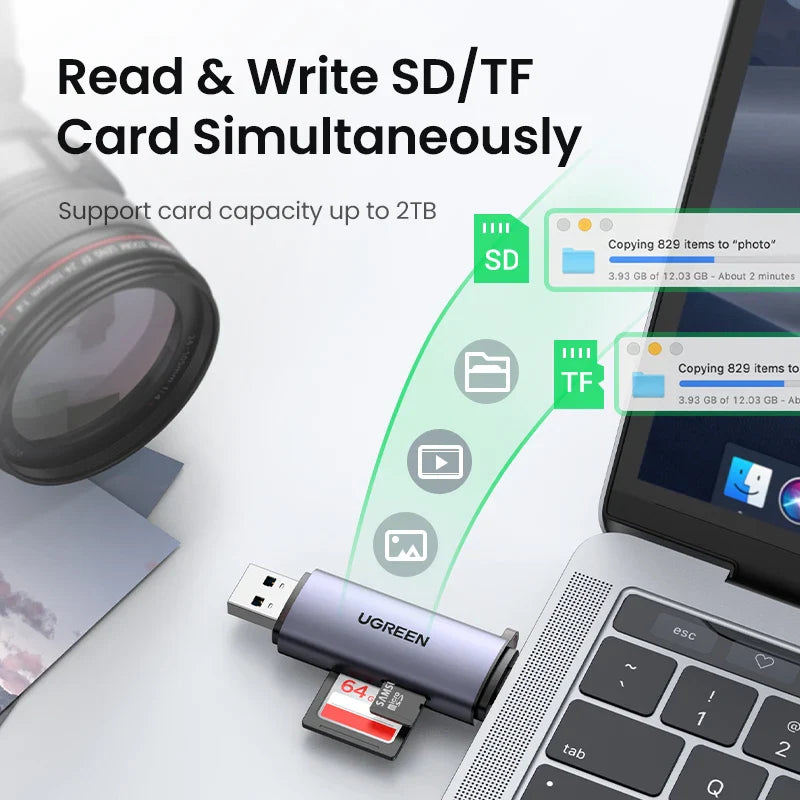 USB 3.0 & USB-C SD MicroSD TF Card Reader — Dual-Slot Memory Card Reader, OTG & Plug-and-Play, 5Gbps