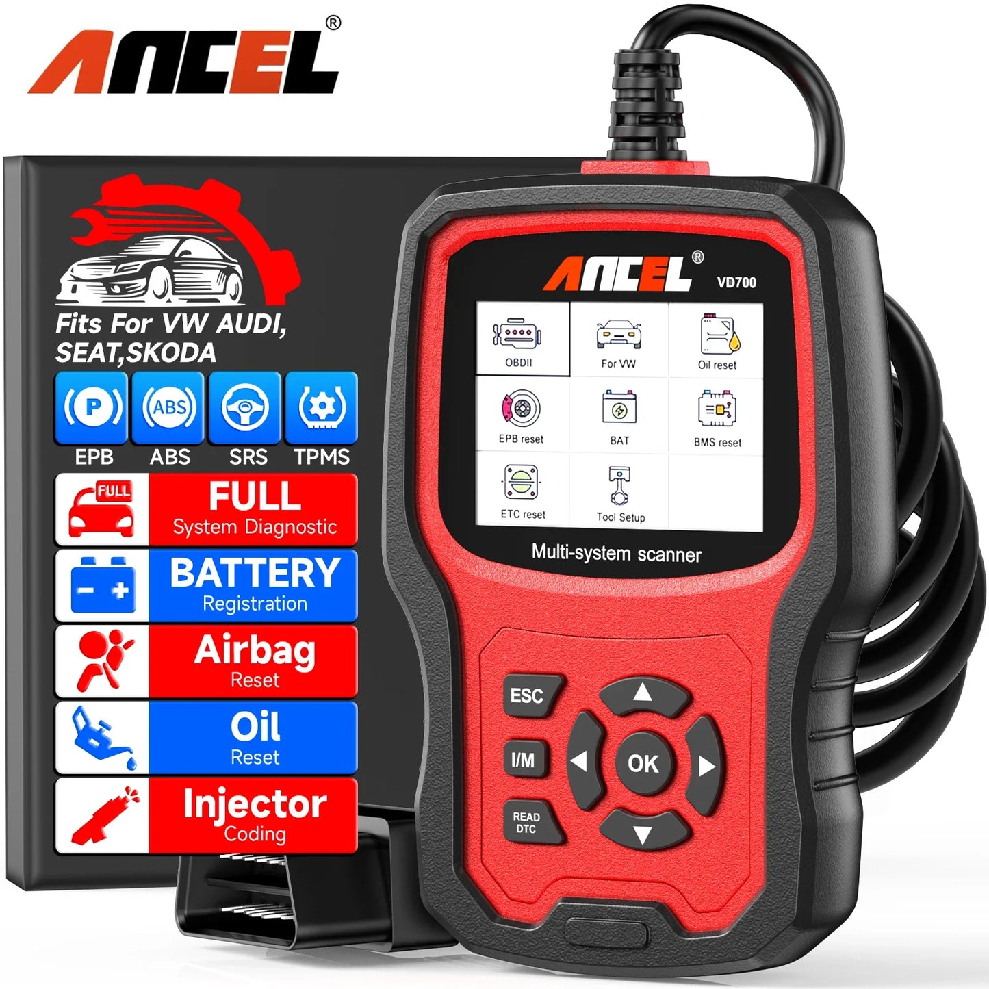 Professional OBD2 Scanner for VW Audi Seat Skoda — Full-System Code Reader with Oil, EPB, SAS & TPMS Reset
