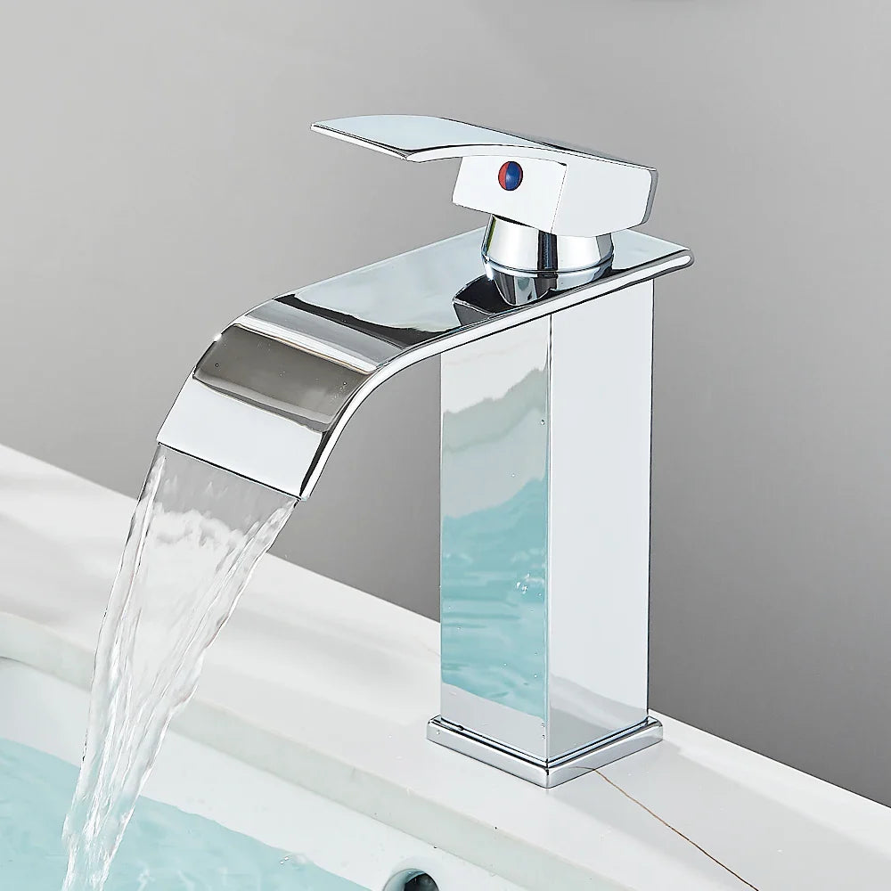 Matte Black Waterfall Basin Faucet - Single-Handle Mixer Tap for Bathroom Sink (Deck-Mounted, Hot & Cold)