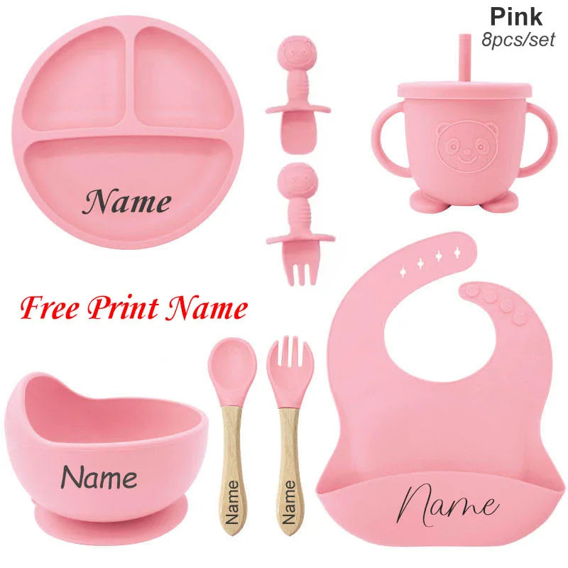 Personalized 8-Piece Baby Feeding Set Silicone Suction Plate Bowl Straw Cup Utensils Custom Name Baby Gift