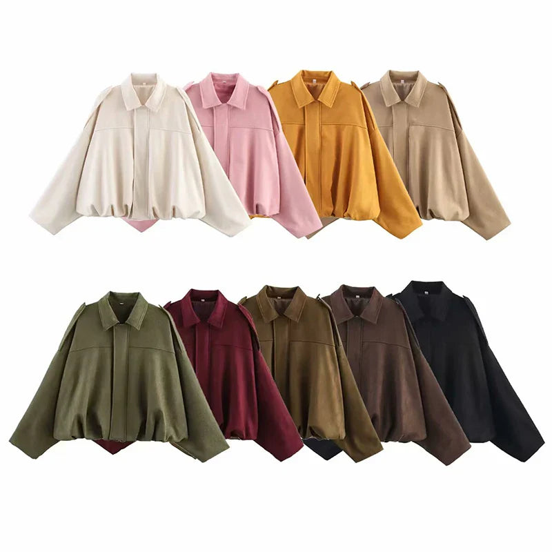 Women's Vintage Bomber Jacket Turn-Down Collar Long Sleeve Loose Fit Outerwear