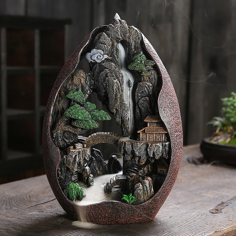 Backflow Waterfall Incense Burner - Resin Mountain River Incense Holder for Home Decor, Meditation & Aromatherapy