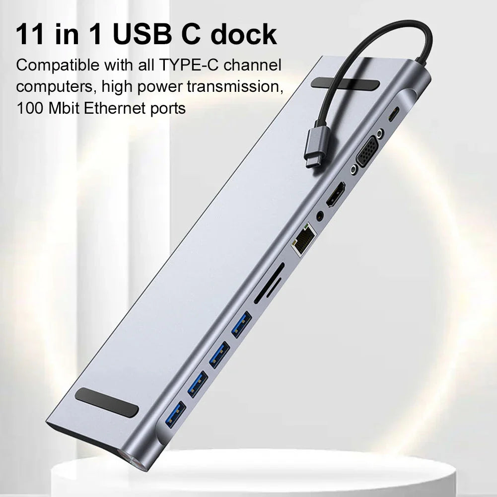 11-in-1 USB-C Docking Station Hub — 4K HDMI, VGA, 100W PD, 100Mbps Ethernet, SD/TF Card Slots, Audio, USB 3.0 + 3x USB 2.0