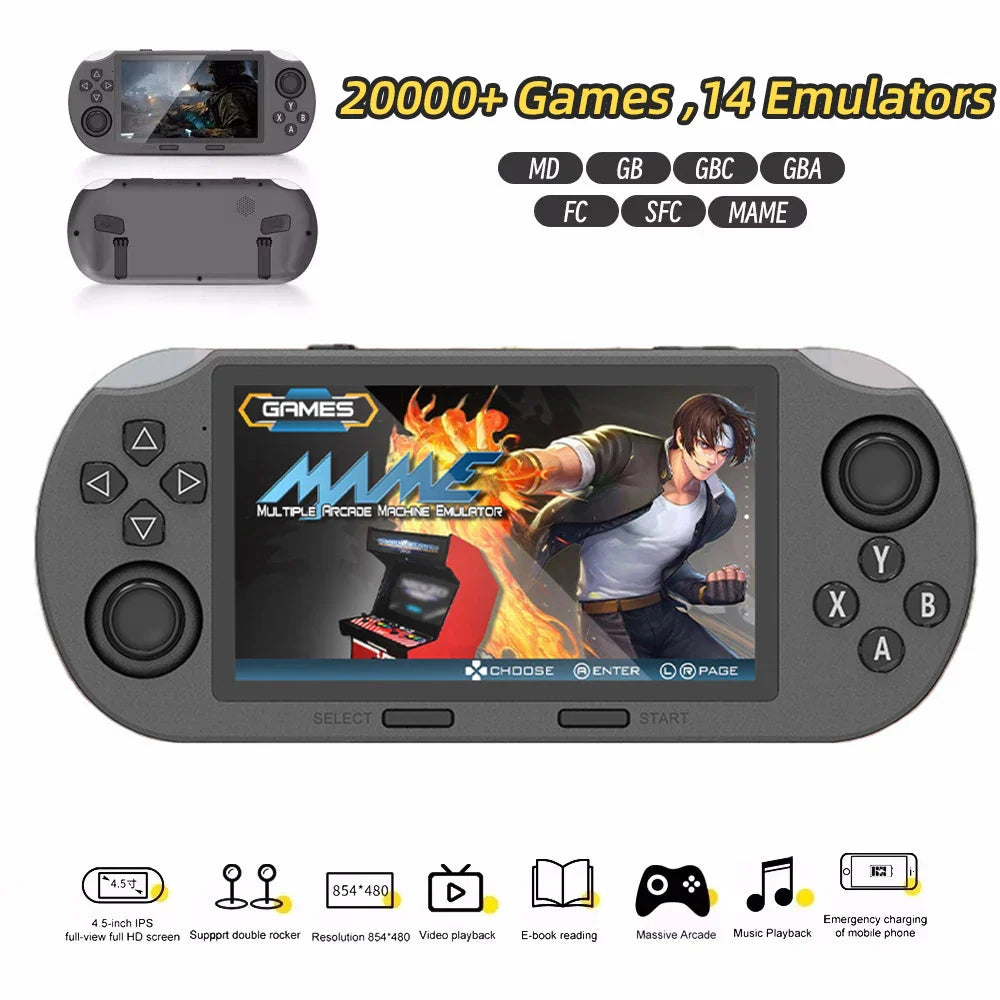 Handheld Retro Game Console 4.3-Inch (10.9 cm) IPS Screen – Built-in 20,000+ Games, MP4 Player, E-Book & Music, 3000mAh, USB-C