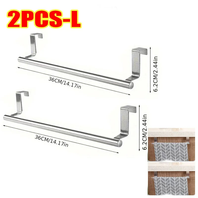 Stainless Steel Over-Door Towel Rack — Non-Drilling Hanging Towel Bar for Bathroom & Kitchen, Single Bar, 9.3/14.4 in (23.5/36.5 cm)