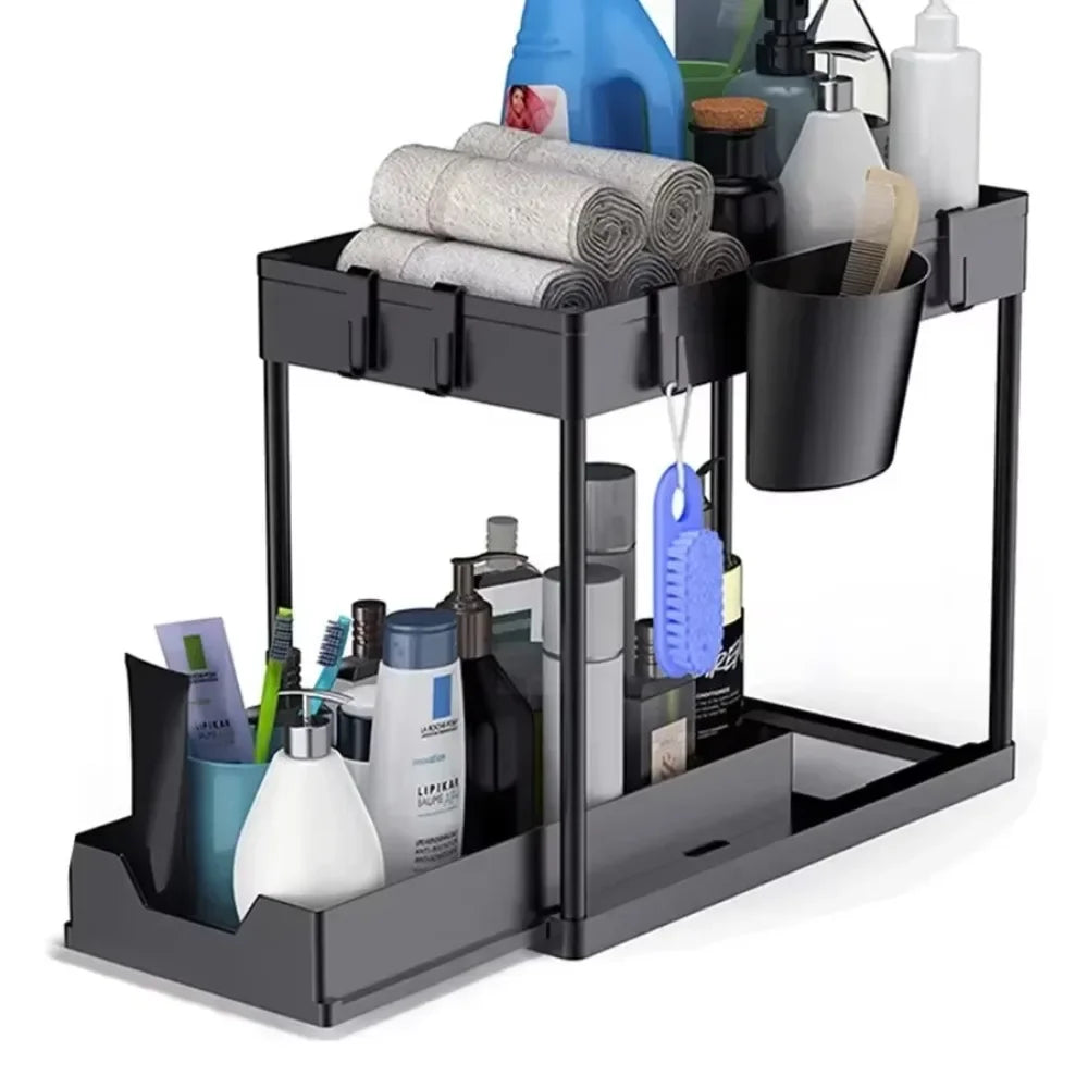 2-Tier Under-Sink Sliding Cabinet Organizer with Hooks and Hanging Cup - Bathroom & Kitchen Storage Rack