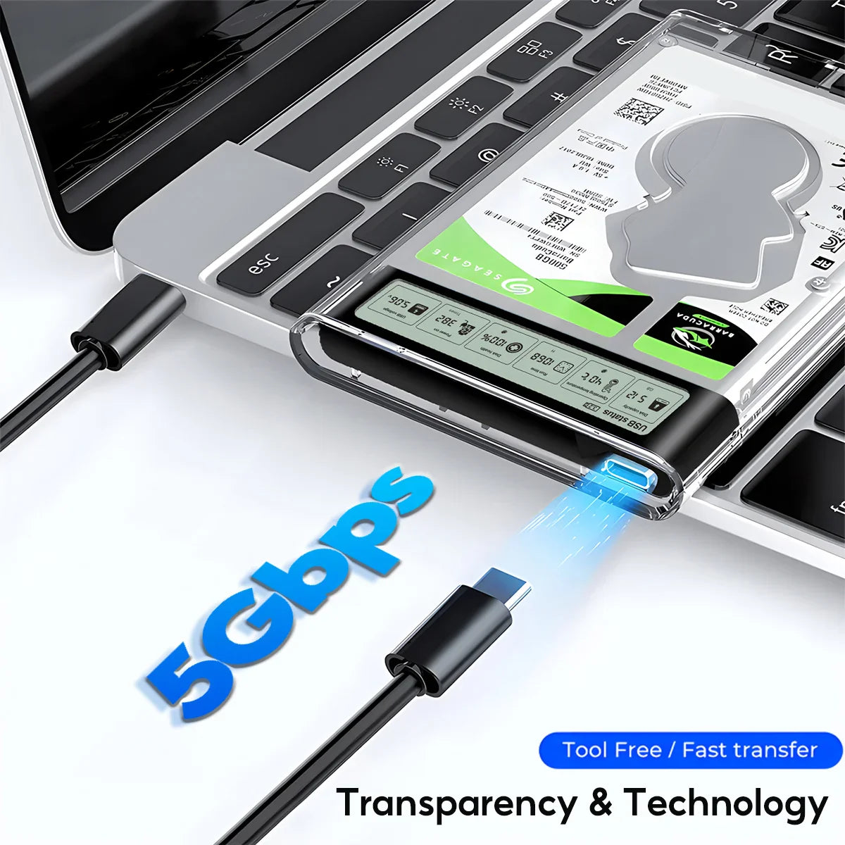 2.5-Inch SATA SSD/HDD USB 3.2 Enclosure — 5Gbps UASP Transparent External Hard Drive Case