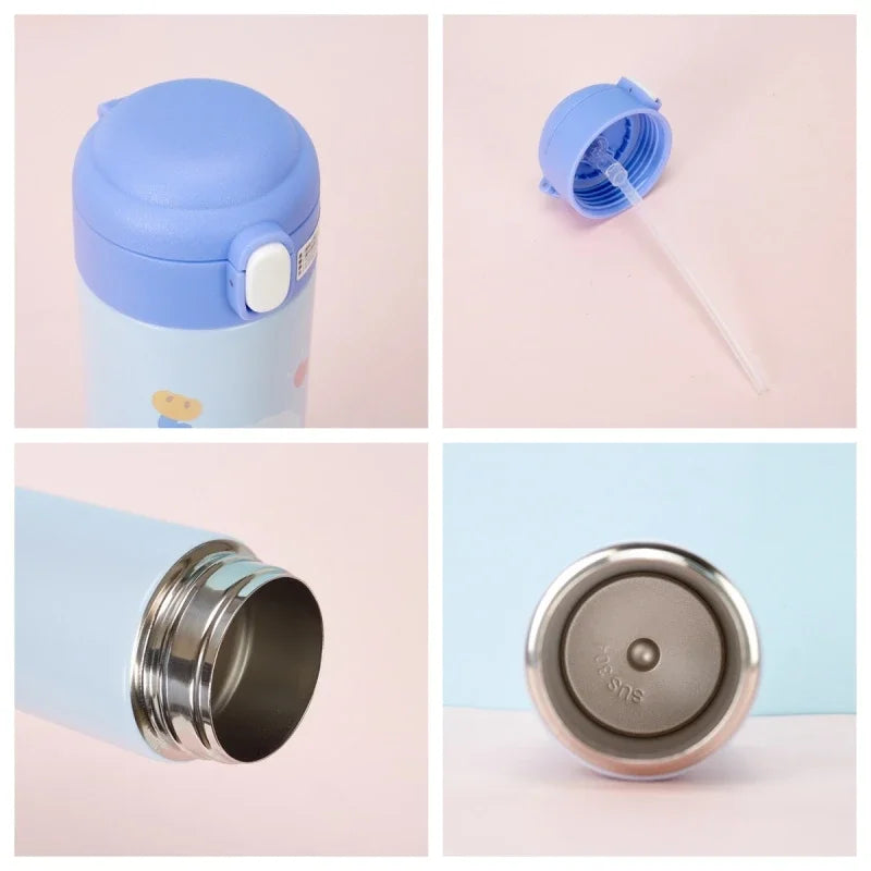 380ml Cute Cartoon Vacuum Flask - 304 Stainless Steel Insulated Water Bottle with Straw