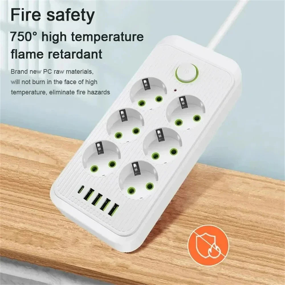 2M EU Plug Power Strip Surge Protector — Multi Outlet Extension Cord with 4 USB Ports & USB-C Fast Charging