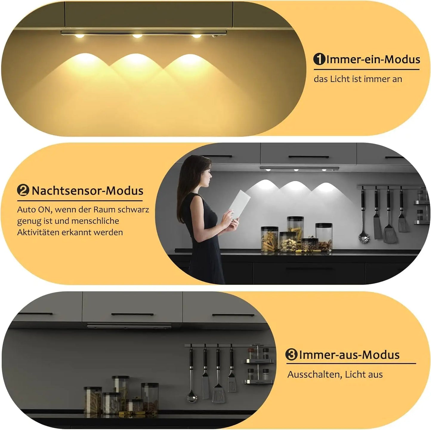 Ultra Thin Motion Sensor LED Cabinet Light - Dimmable USB Rechargeable, 3 Color Modes for Kitchen Wardrobe Bedroom Stairs